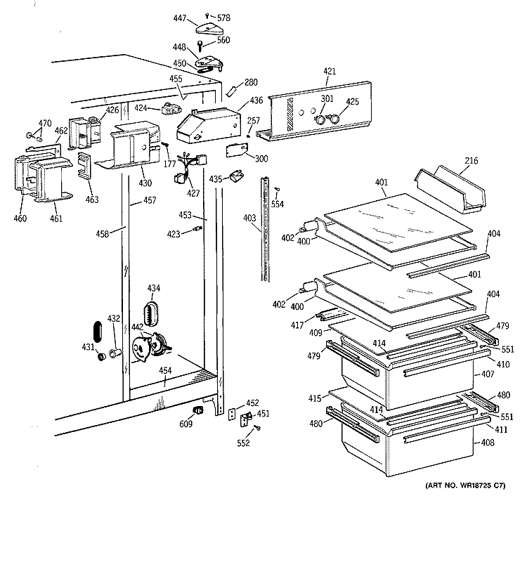 FRESH FOOD SECTION Diagram and Parts List for MSZ20GABGWW  General Electric Refrigerator