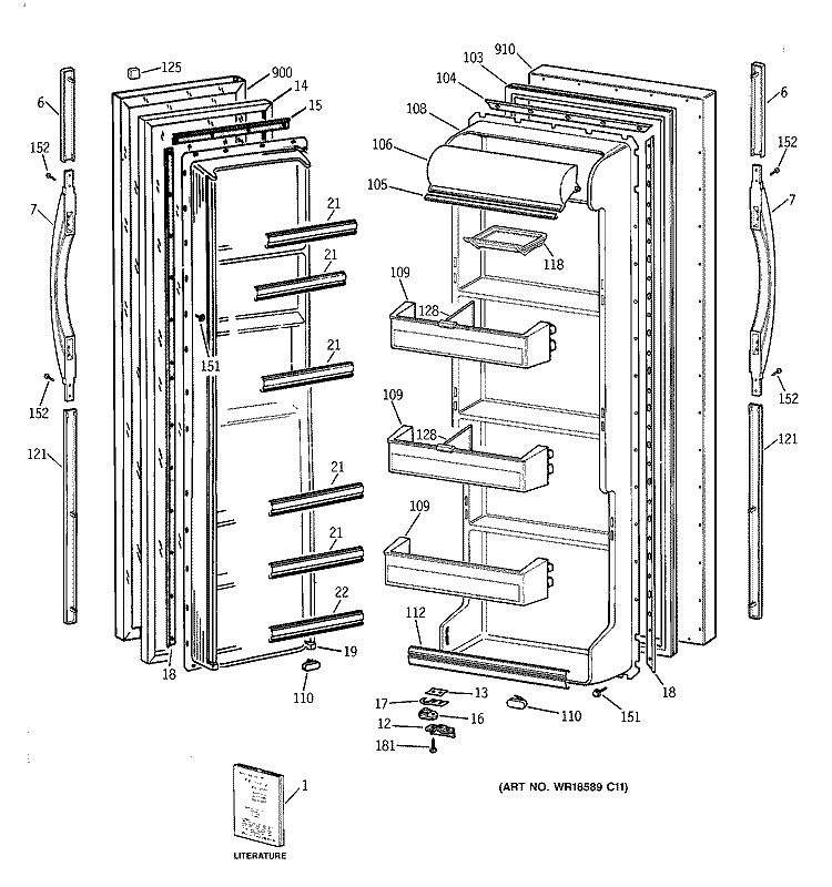 DOORS Diagram and Parts List for TFG20JABGWW  General Electric Refrigerator
