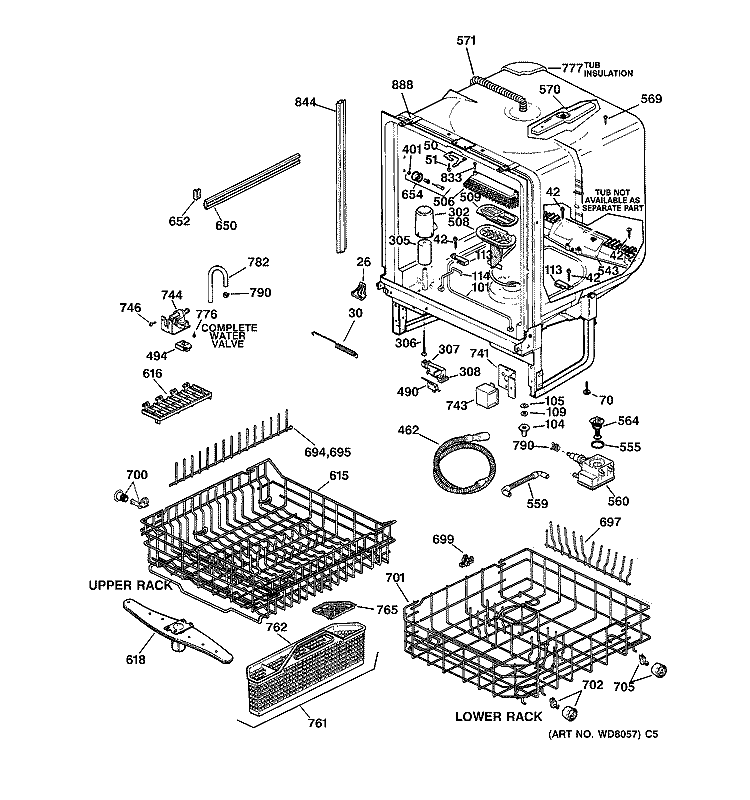 BODY PARTS Diagram and Parts List for GSD5130D01WW  General Electric Dishwasher
