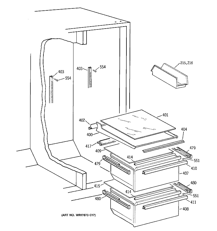 FRESH FOOD SECTION Diagram and Parts List for TFT20JABGAA  General Electric Refrigerator