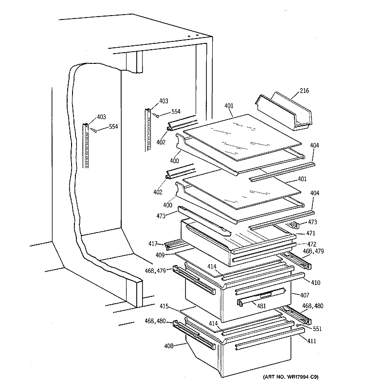 SHELF PARTS Diagram and Parts List for MSG28DHCGWW  General Electric Refrigerator