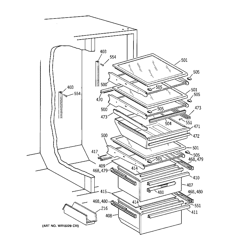 FRESH FOOD SECTION Diagram and Parts List for MSK28DRBGAA  General Electric Refrigerator