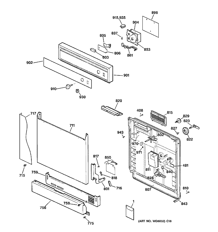 ESCUTCHEON & DOOR ASSEMBLY Diagram and Parts List for HDA2020Z07BB  Hotpoint Dishwasher