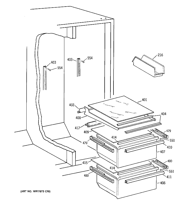 FRESH FOOD SECTION Diagram and Parts List for TFX20JABGAA  General Electric Refrigerator
