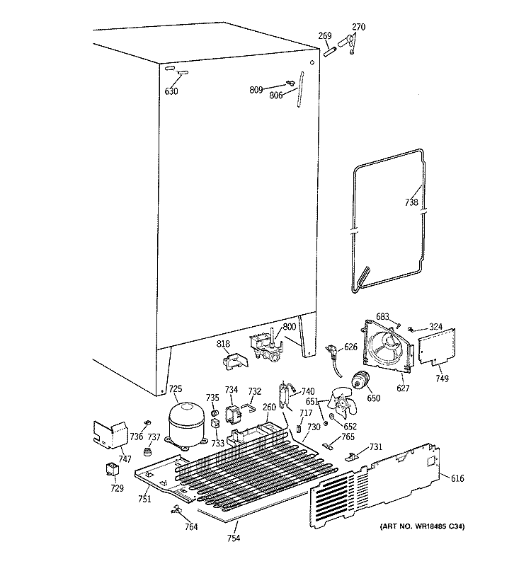 UNIT PARTS Diagram and Parts List for TFT25PRBGAA  General Electric Refrigerator