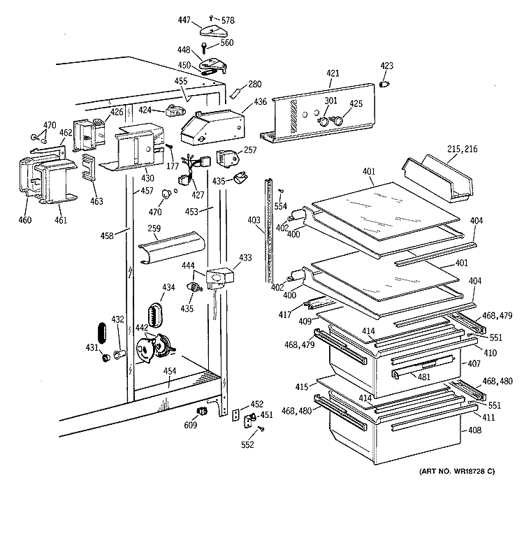 FRESH FOOD SECTION Diagram and Parts List for MSK25GACGAA  General Electric Refrigerator
