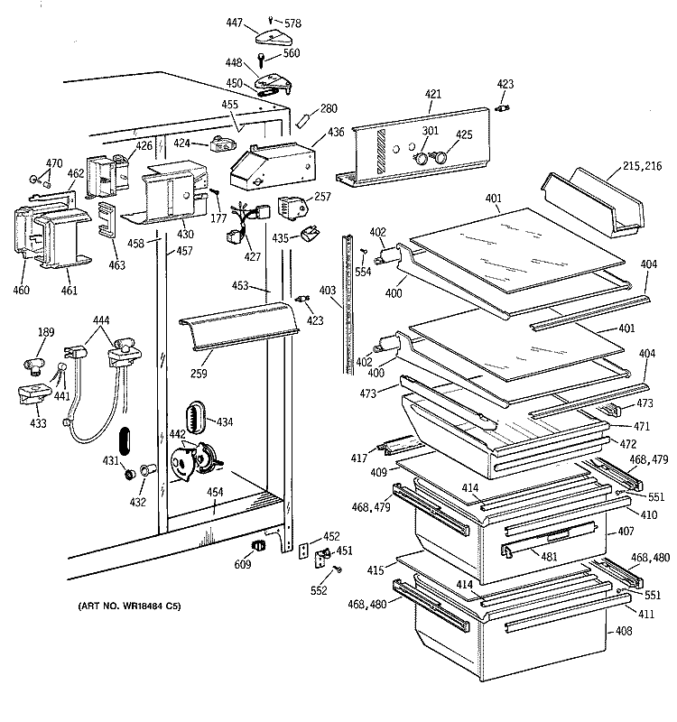 FRESH FOOD SECTION Diagram and Parts List for TFJ22JABGAA  General Electric Refrigerator