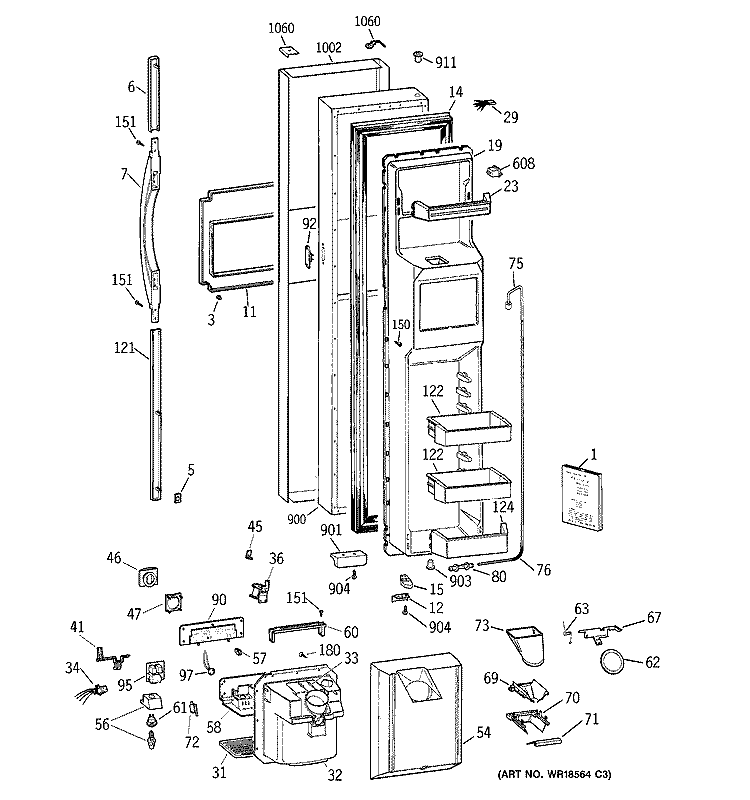 FREEZER DOOR Diagram and Parts List for TPS24PBDABS  General Electric Refrigerator