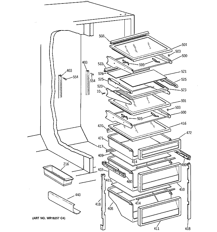 FRESH FOOD SHELVES Diagram and Parts List for TPX21PRBGWW  General Electric Refrigerator