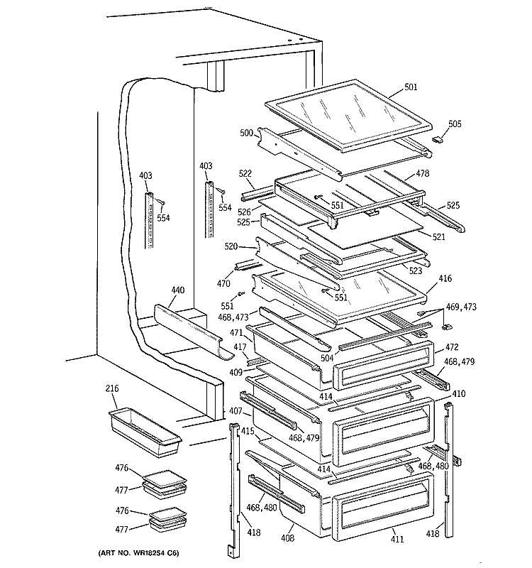 FRESH FOOD SHELVES Diagram and Parts List for TFG28PFCGBB  General Electric Refrigerator