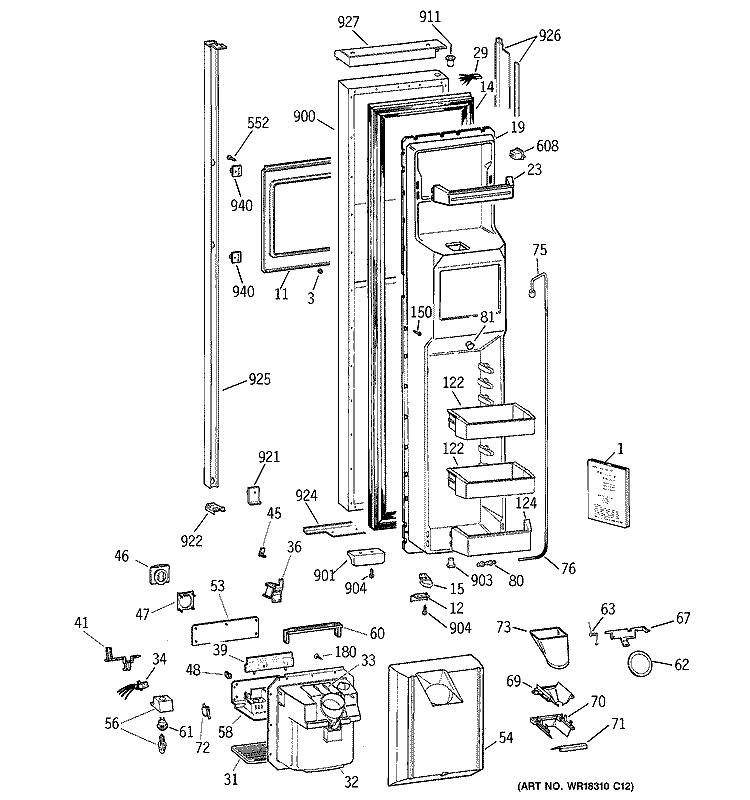 FREEZER DOOR Diagram and Parts List for TPX24BPBGWW  General Electric Refrigerator