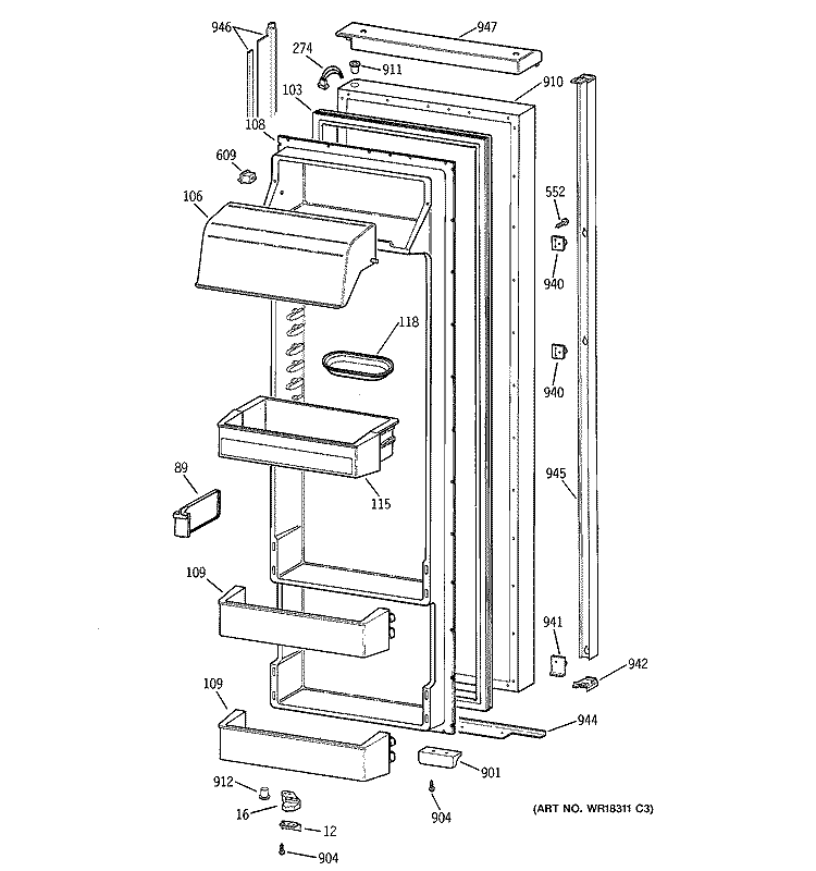 FRESH FOOD DOOR Diagram and Parts List for TPX24BPBGWW  General Electric Refrigerator
