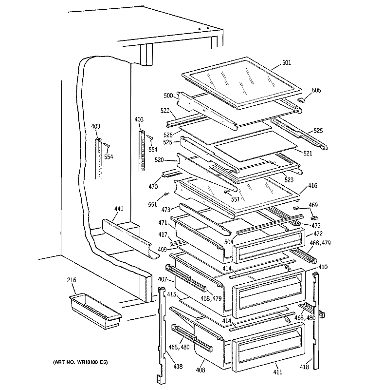 FRESH FOOD SHELVES Diagram and Parts List for TFG25PEBGWH  General Electric Refrigerator