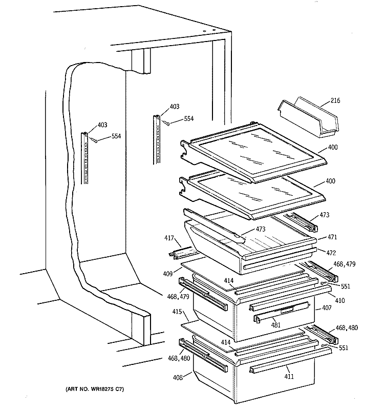 FRESH FOOD SHELVES Diagram and Parts List for TFX25QRCGWW  General Electric Refrigerator