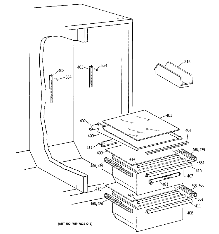 FRESH FOOD SHELVES Diagram and Parts List for TFX25JPCGWW  General Electric Refrigerator