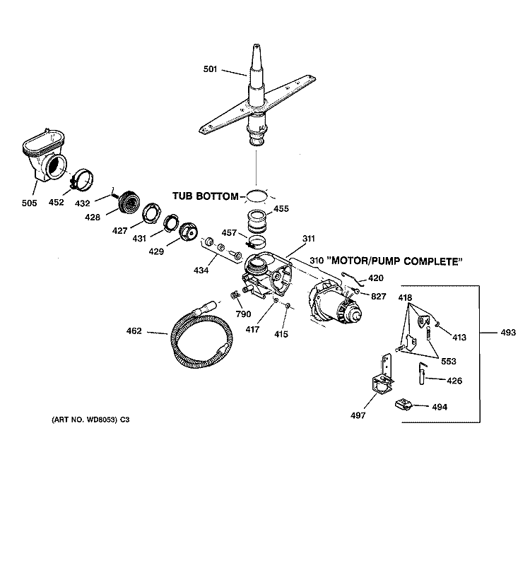 MOTOR - PUMP MECHANISM Diagram and Parts List for GSD3130C07WW  General Electric Dishwasher