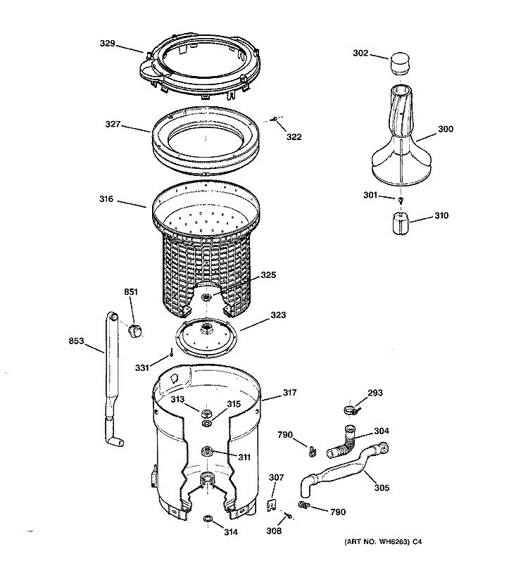 TUB, BASKET & AGITATOR Diagram and Parts List for WBXR1090A0AA  General Electric Washer