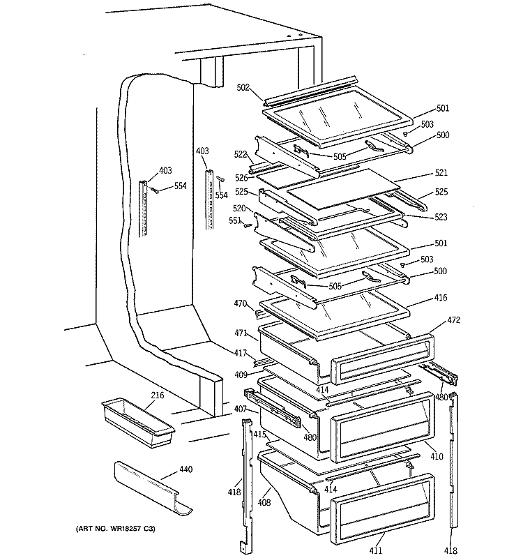 FRESH FOOD SHELVES Diagram and Parts List for TPG21BRCGWW  General Electric Refrigerator