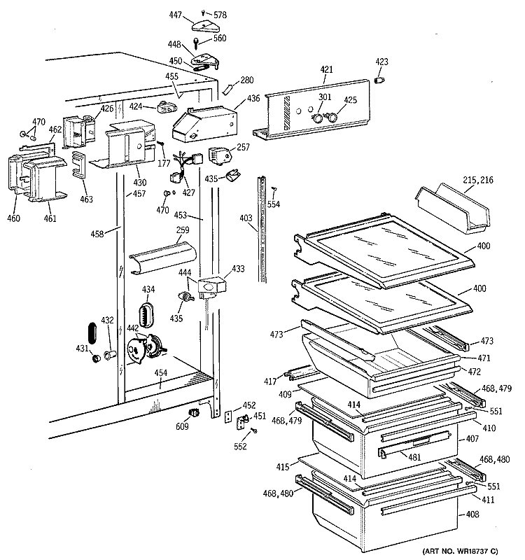 FRESH FOOD SECTION Diagram and Parts List for TFK25ZACGAA  General Electric Refrigerator