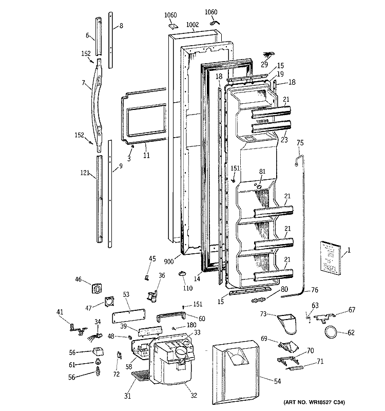 FREEZER DOOR Diagram and Parts List for TFM25PRBEBS  General Electric Refrigerator