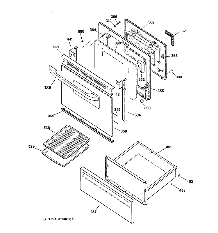 DOOR & DRAWER PARTS Diagram and Parts List for JBP61WB2WW  General Electric Range