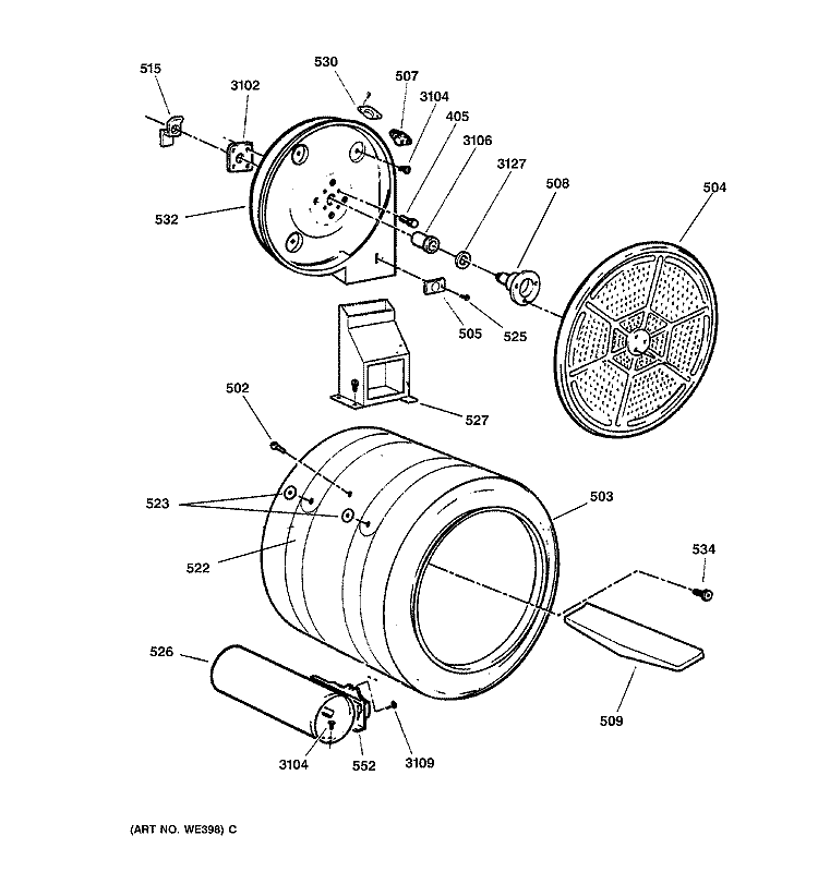 DRUM Diagram and Parts List for DNSR475GY1WW  General Electric Dryer