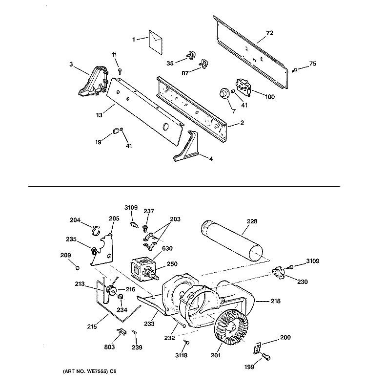 BACKSPLASH, BLOWER & MOTOR Diagram and Parts List for DHSR333GV1WB  General Electric Dryer