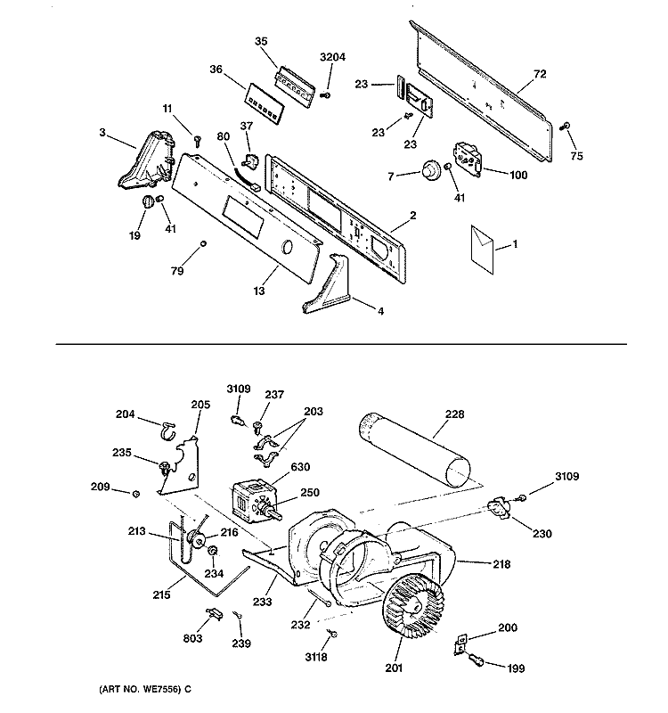 BACKSPLASH, BLOWER & MOTOR Diagram and Parts List for DPSF505GW2WW  General Electric Dryer