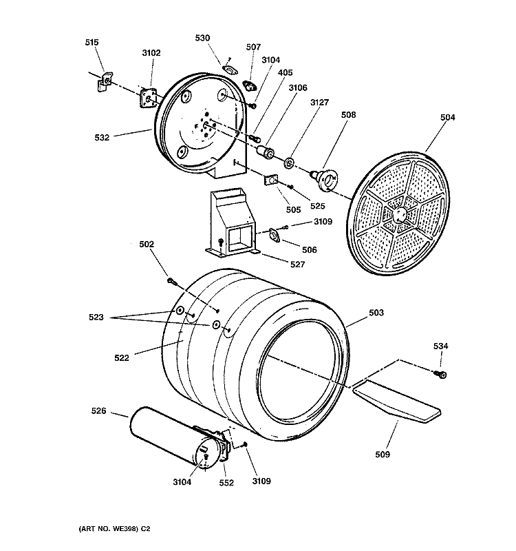 DRUM Diagram and Parts List for DPSF505GW2WW  General Electric Dryer