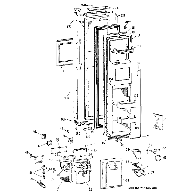 FREEZER DOOR Diagram and Parts List for TPG21KRCEWS  General Electric Refrigerator