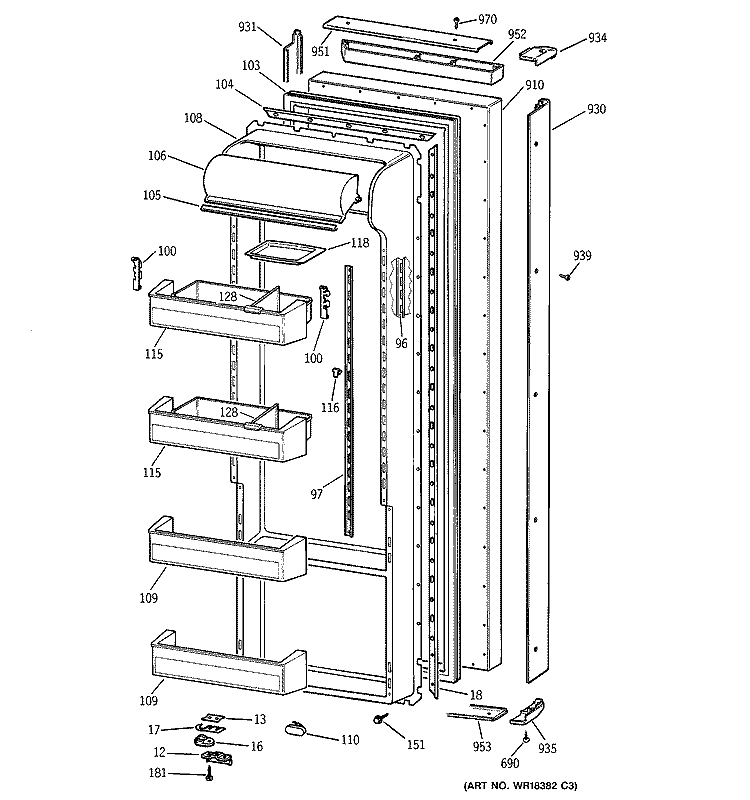 FRESH FOOD DOOR Diagram and Parts List for TPG21KRCEWS  General Electric Refrigerator