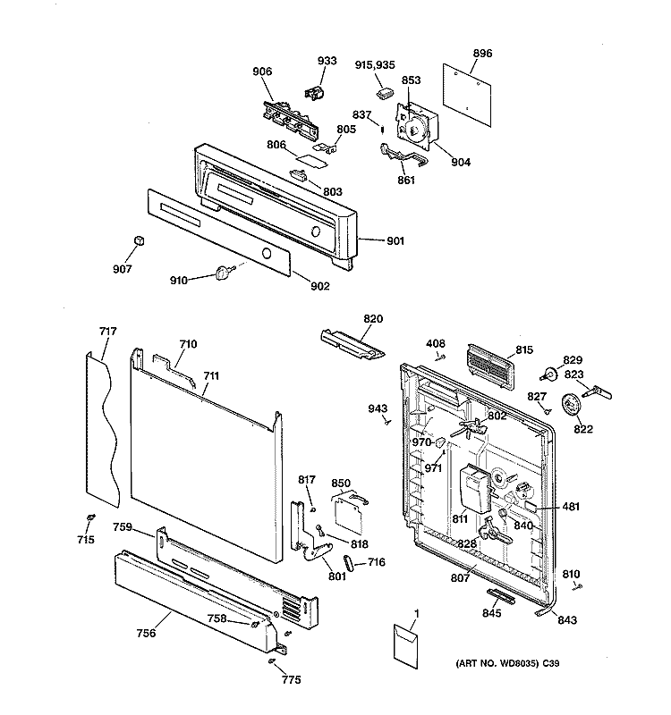 ESCUTCHEON & DOOR ASSEMBLY Diagram and Parts List for GSD3115F00AA  General Electric Dishwasher