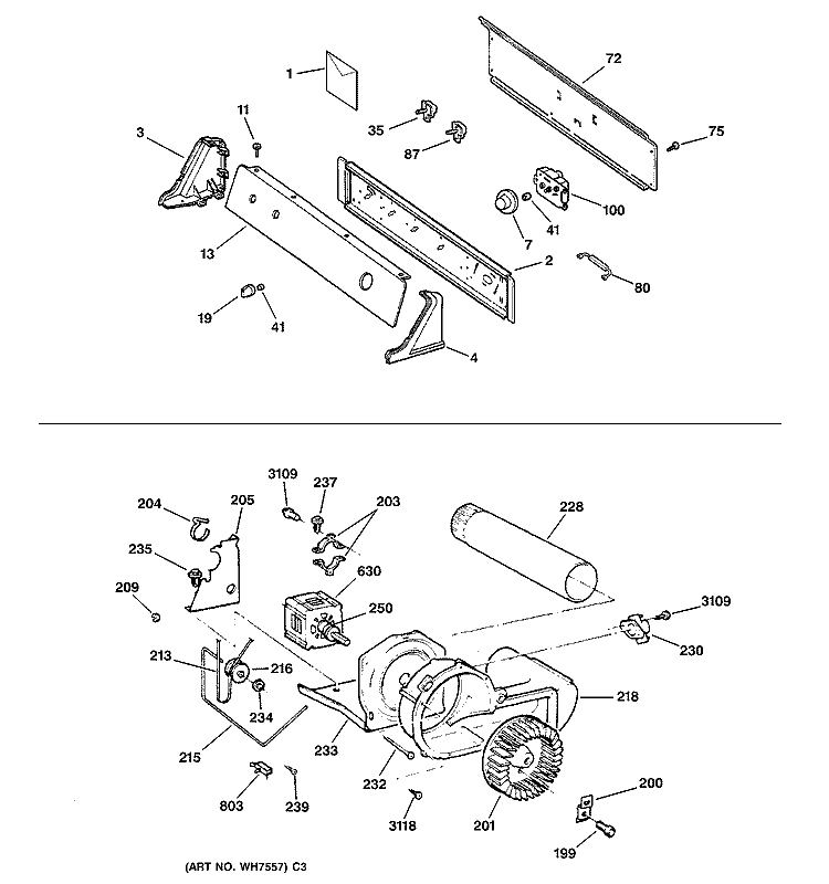 BACKSPLASH, BLOWER & DRIVE ASSEMBLY Diagram and Parts List for DCXR453EV1WW  General Electric Dryer