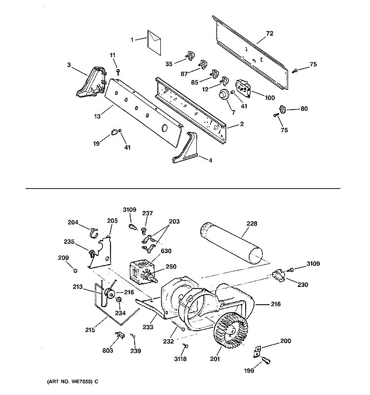 BACKSPLASH, BLOWER & MOTOR Diagram and Parts List for DPSR473EW1WW  General Electric Dryer