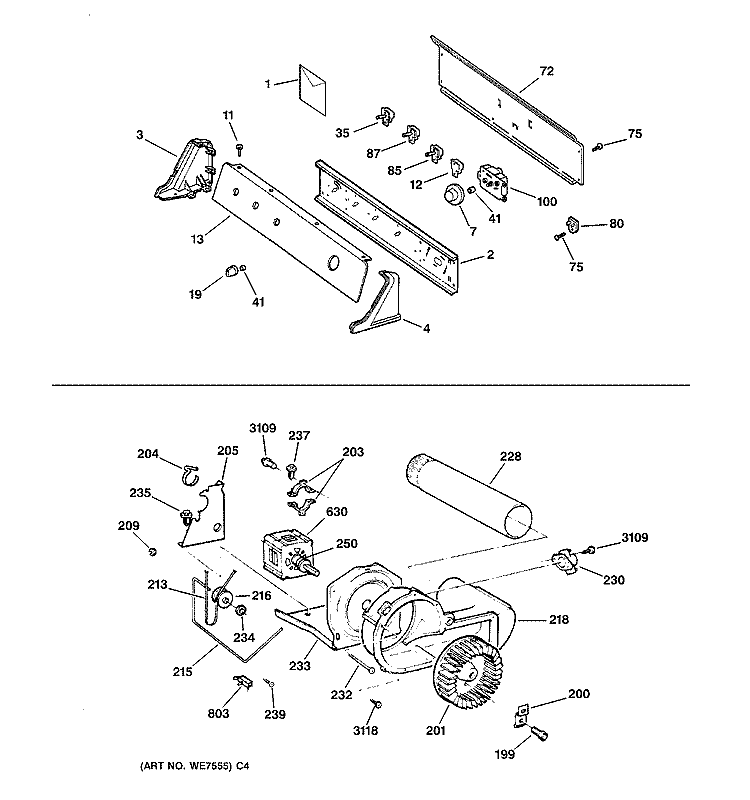 BACKSPLASH, BLOWER & MOTOR Diagram and Parts List for DJXR473EV1WW  General Electric Dryer