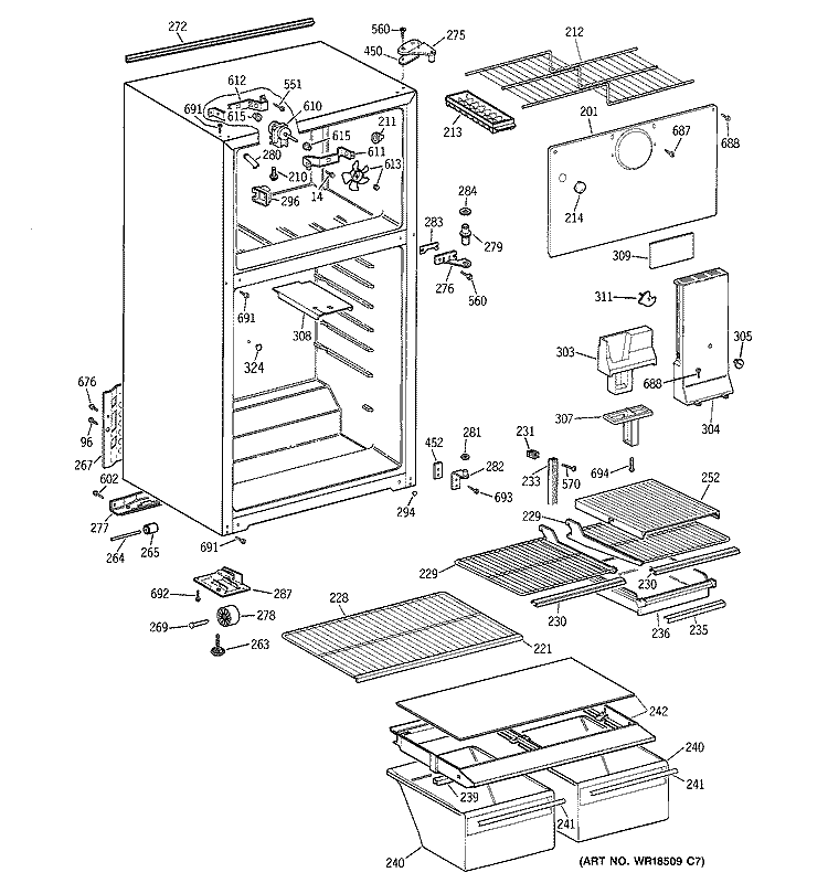 CABINET Diagram and Parts List for TBZ16DACKRWW  General Electric Refrigerator