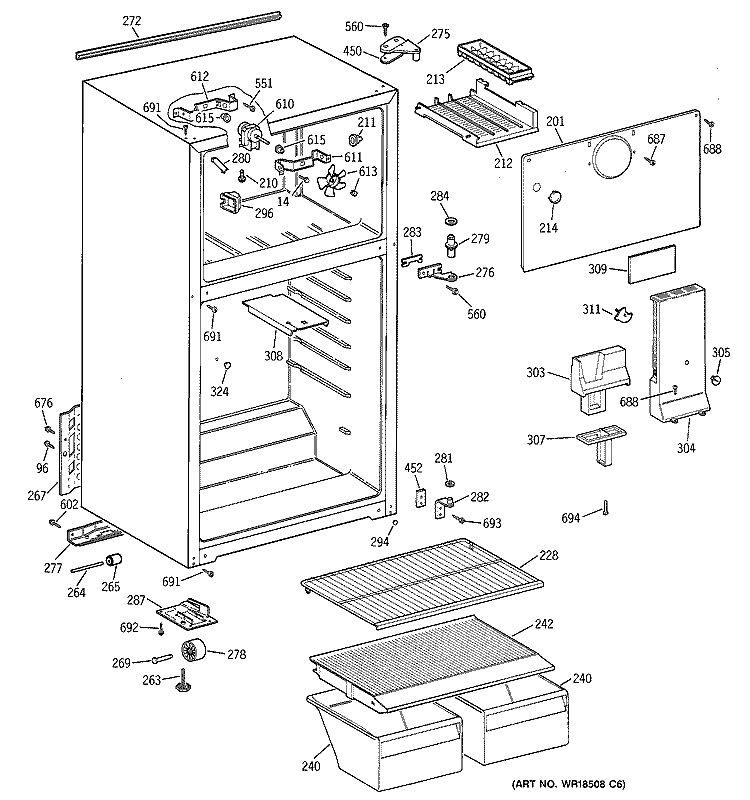 CABINET Diagram and Parts List for TBZ16SACKRWW  General Electric Refrigerator