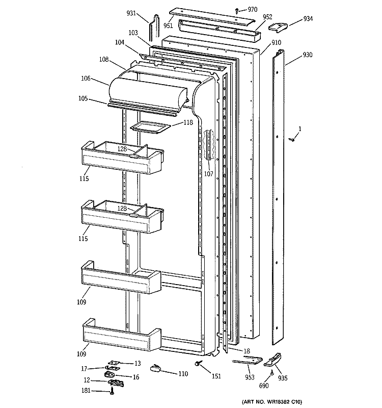 FRESH FOOD DOOR Diagram and Parts List for TPG21KRDAWS  General Electric Refrigerator