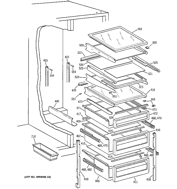 FRESH FOOD SHELVES Diagram and Parts List for TFM25PRBGBS  General Electric Refrigerator
