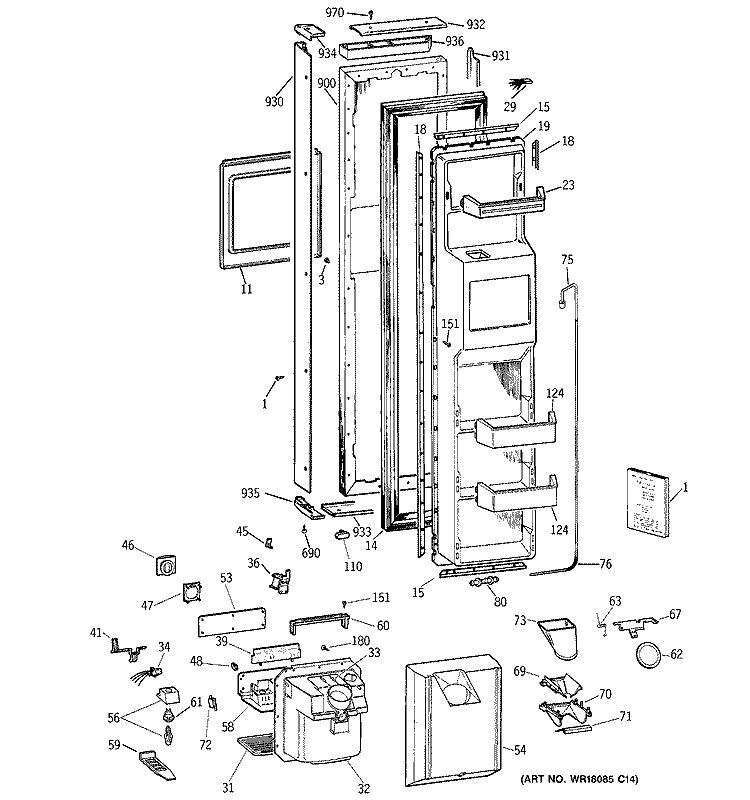 FREEZER DOOR Diagram and Parts List for TPG21KRCGWS  General Electric Refrigerator