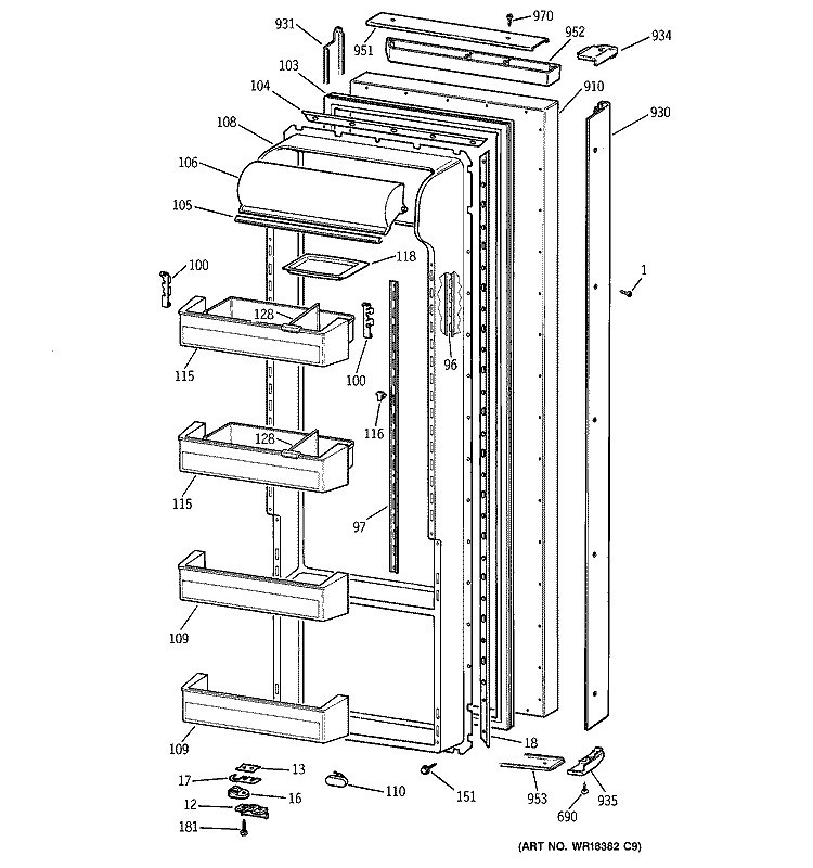 FRESH FOOD DOOR Diagram and Parts List for TPG21KRCGWS  General Electric Refrigerator