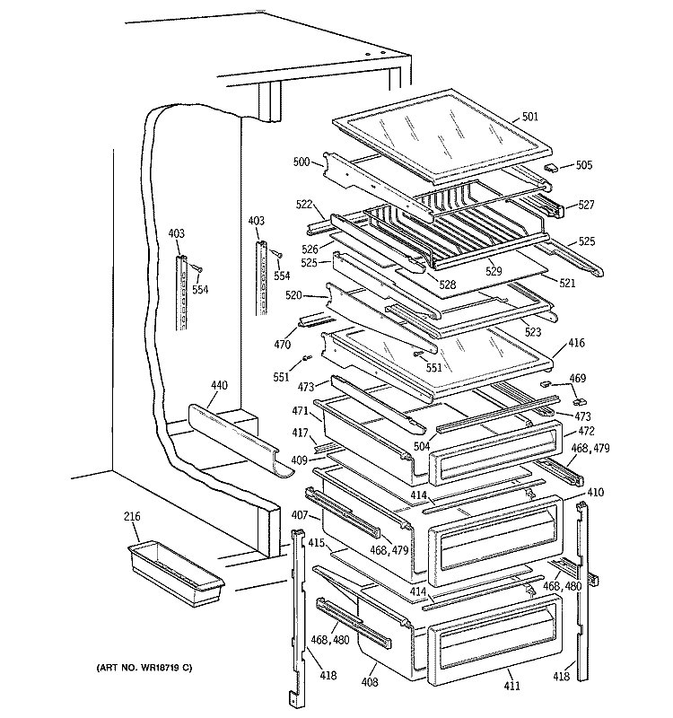 FRESH FOOD SHELVES Diagram and Parts List for TPG24BRDABS  General Electric Refrigerator