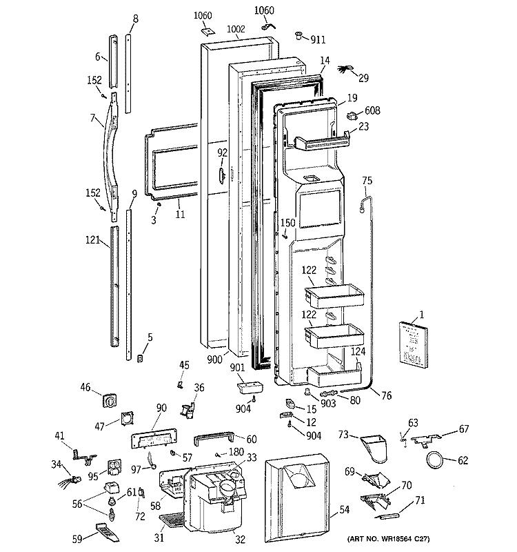 FREEZER DOOR Diagram and Parts List for TPG24PFDABS  General Electric Refrigerator
