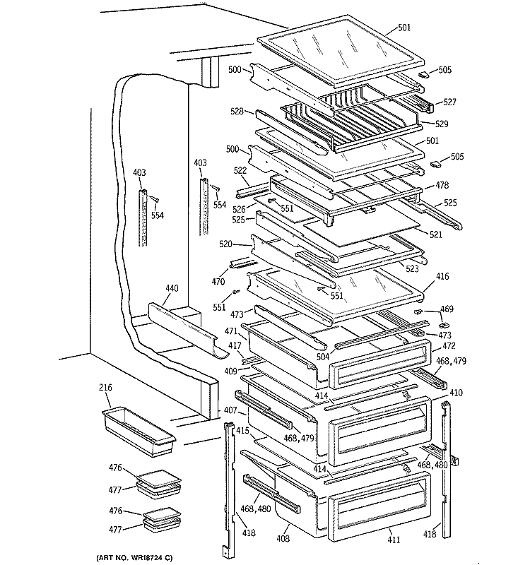 FRESH FOOD SHELVES Diagram and Parts List for TPG24PFDABS  General Electric Refrigerator