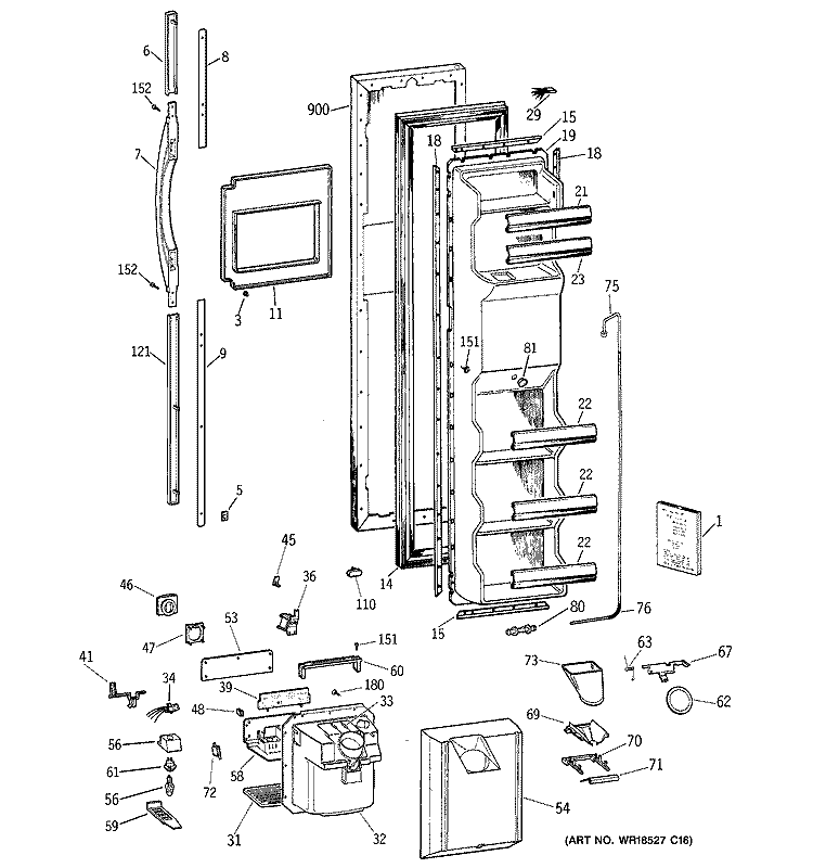FREEZER DOOR Diagram and Parts List for TFK25PRDAWW  General Electric Refrigerator