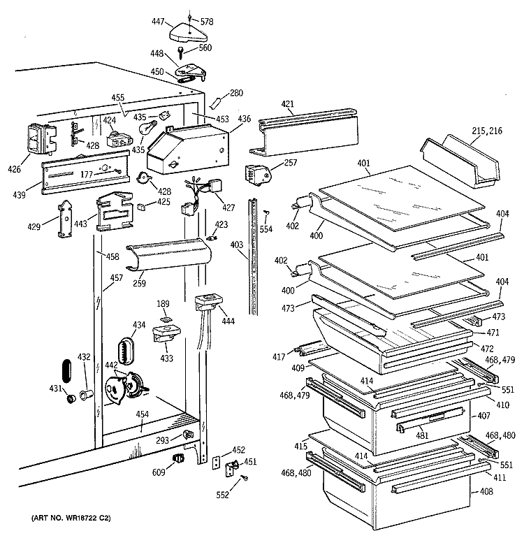 FRESH FOOD SECTION Diagram and Parts List for TFT22JABGAA  General Electric Refrigerator