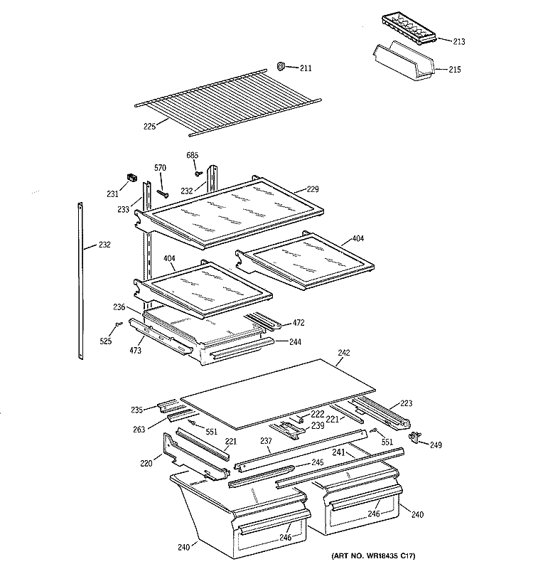 SHELVES & DRAWERS Diagram and Parts List for TBM18GADARWW  General Electric Refrigerator