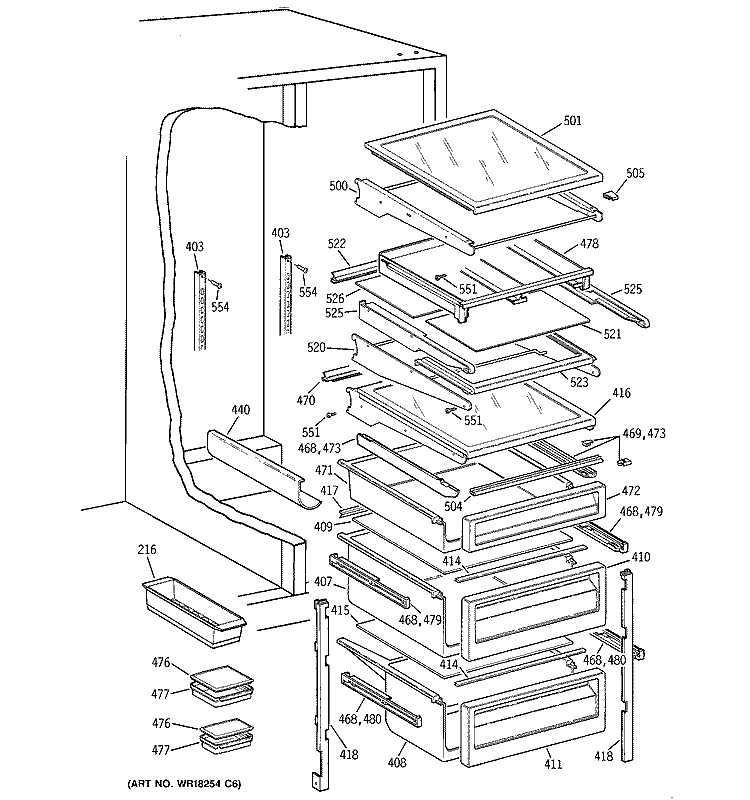 FRESH FOOD SHELVES Diagram and Parts List for TFG28PFCGBS  General Electric Refrigerator