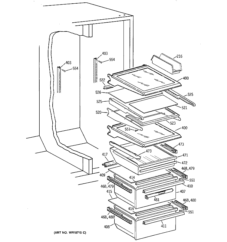 FRESH FOOD SHELVES Diagram and Parts List for TFM26CRDABS  General Electric Refrigerator