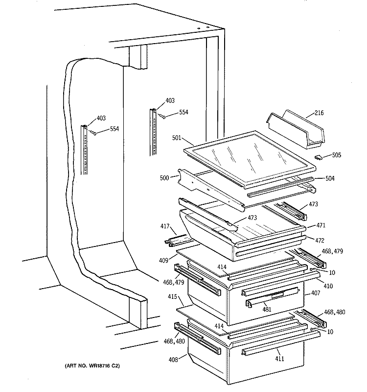 FRESH FOOD SHELVES Diagram and Parts List for ERS2022DACC  General Electric Refrigerator